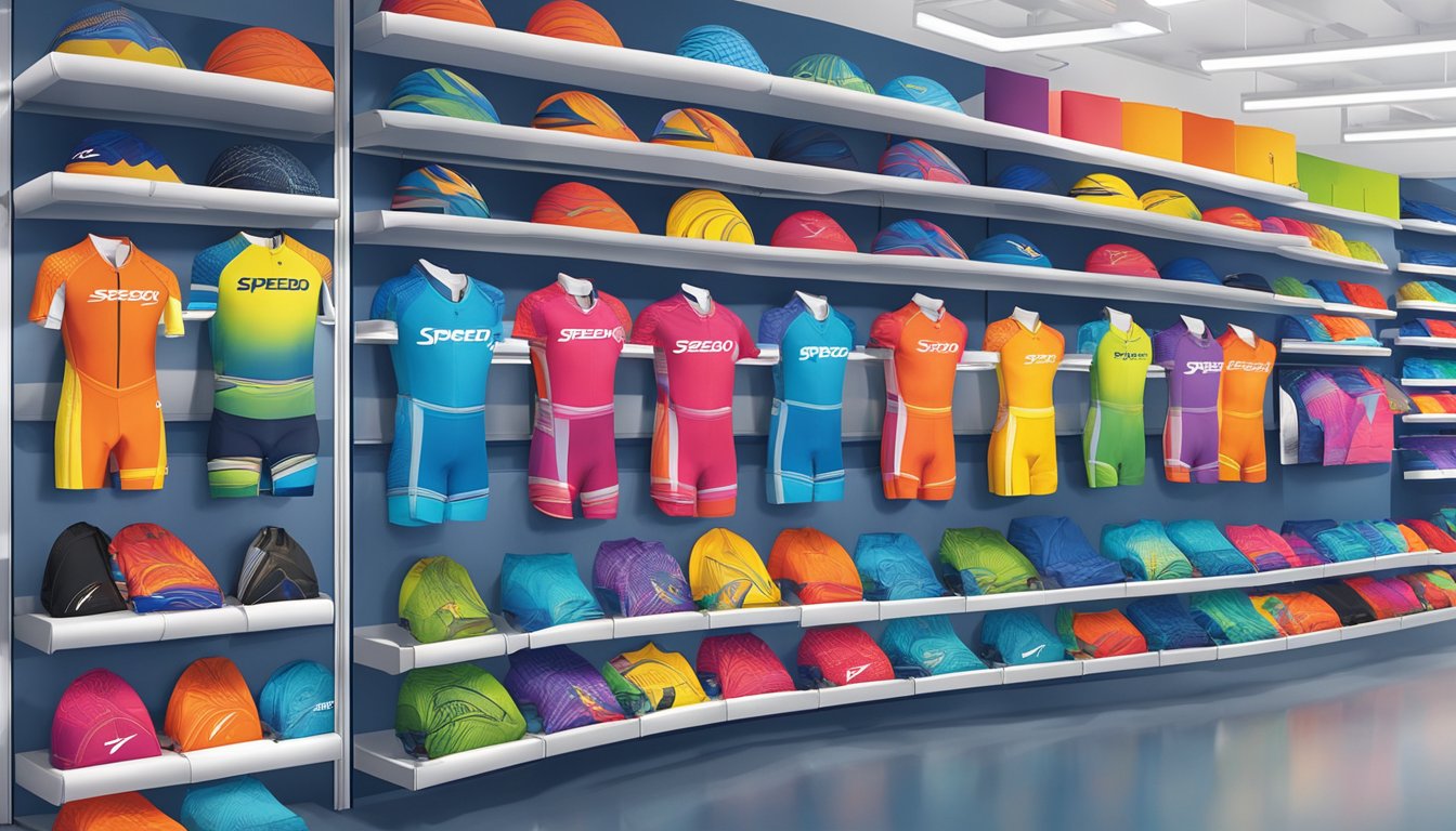 A display of various Speedo swimwear options at a sports store in Singapore, with shelves neatly organized and a prominent Speedo logo