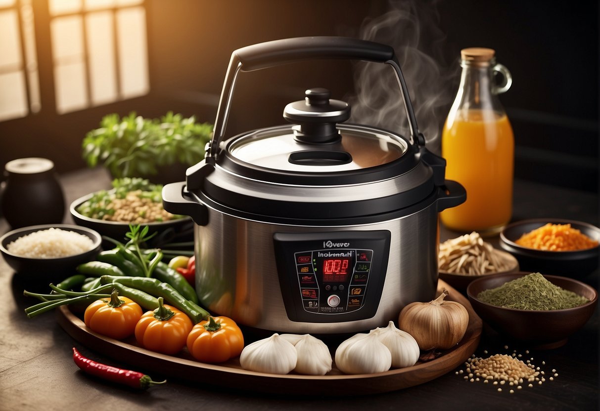 A bubbling electric pressure cooker surrounded by various Chinese ingredients and spices, emitting a tantalizing aroma