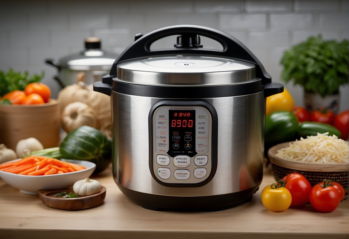 A kitchen counter with an electric pressure cooker, fresh Chinese ingredients, and a recipe book open to Chinese dishes