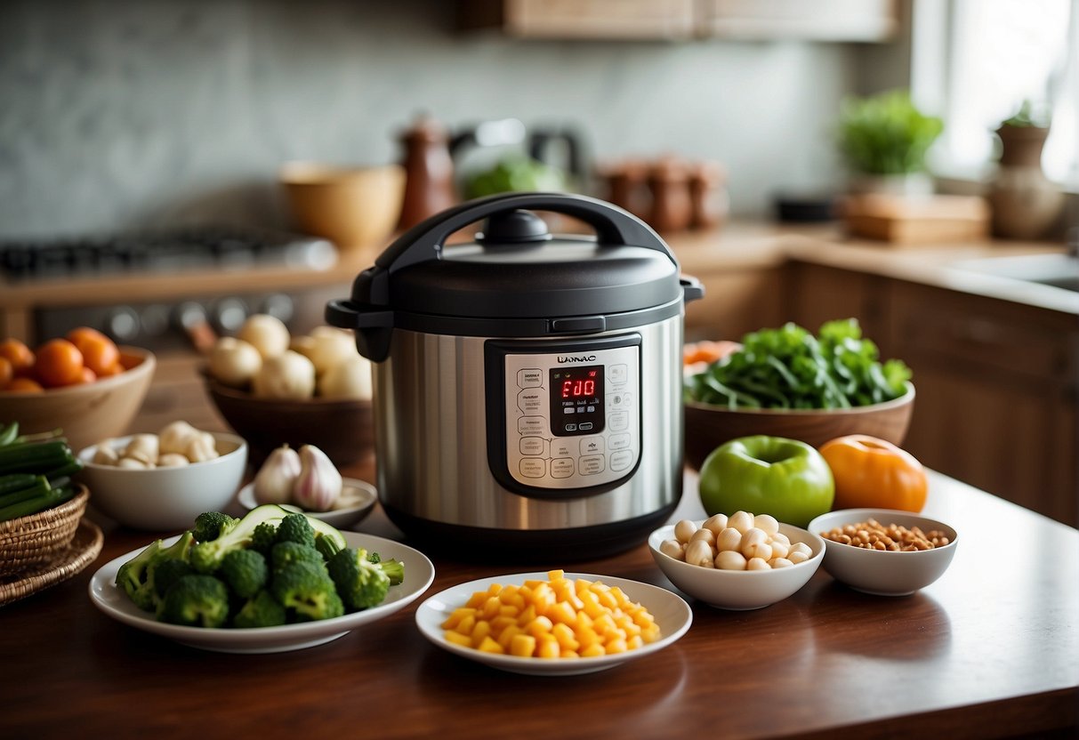 A kitchen counter with an electric pressure cooker, surrounded by various Chinese ingredients like soy sauce, ginger, garlic, and vegetables