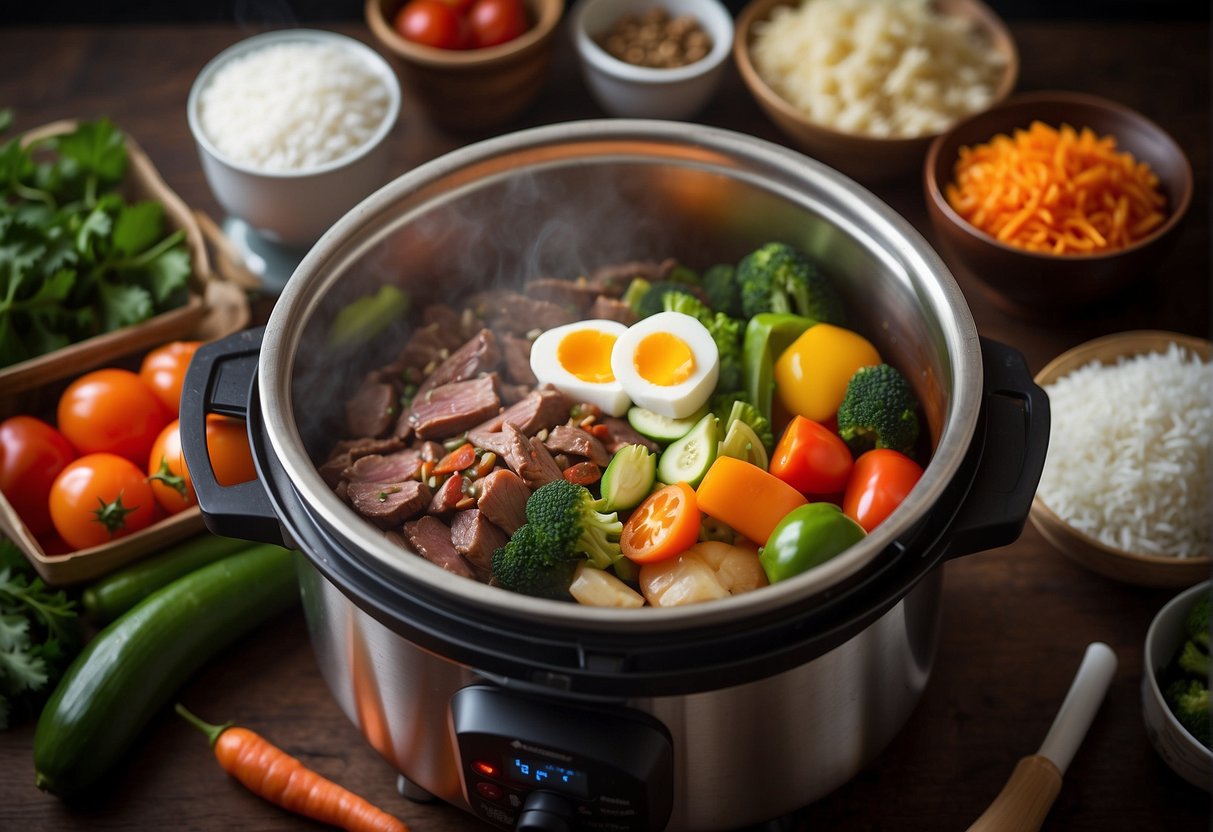 A steaming electric pressure cooker surrounded by various Chinese ingredients, with a colorful array of vegetables, meats, and sauces ready to be cooked into delicious one-pot meals