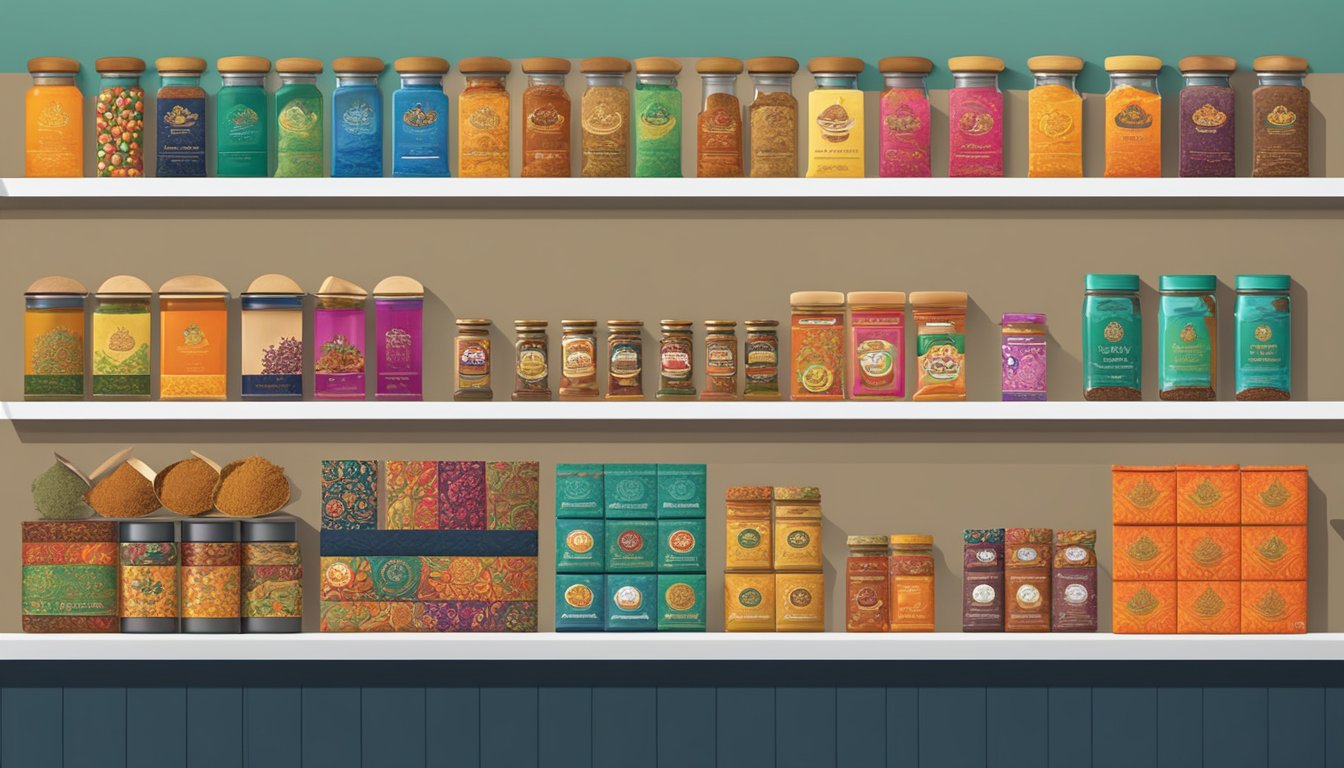 Vibrant Indian brands displayed on shelves, with colorful packaging and traditional motifs. A mix of spices, teas, and textiles create a lively and authentic atmosphere