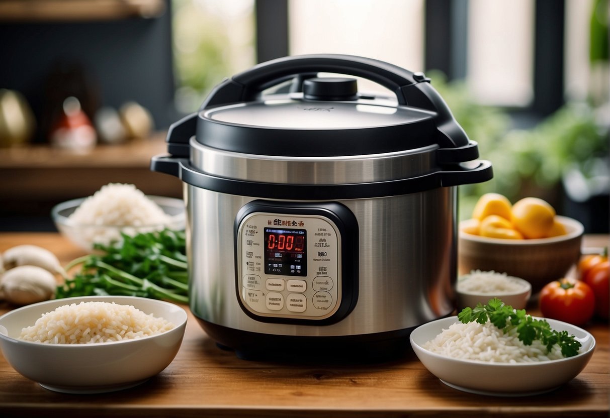 Vibrant array of Chinese ingredients surround the electric pressure cooker, steam rising, as it effortlessly creates flavorful rice dishes