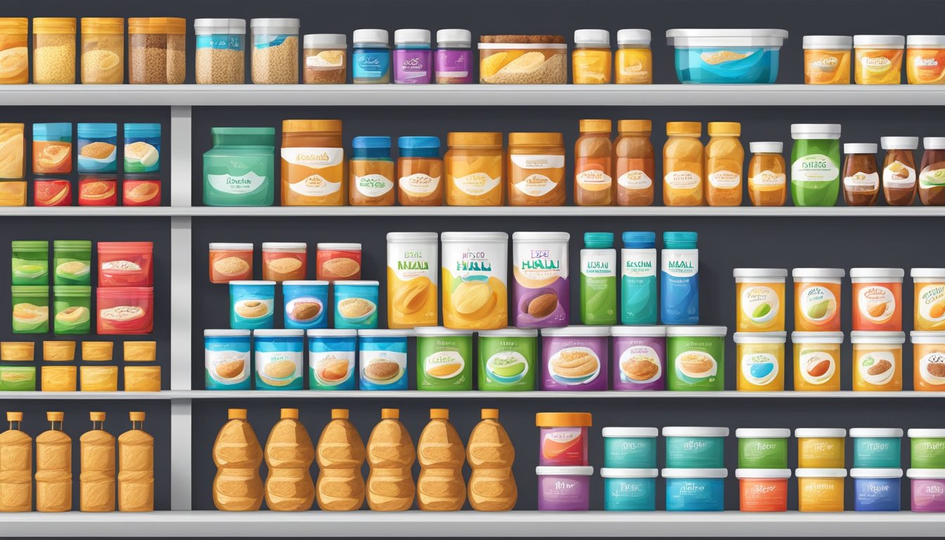 Various halal yeast brands displayed on shelves, with colorful packaging and clear labeling. A variety of sizes and types available for baking and cooking