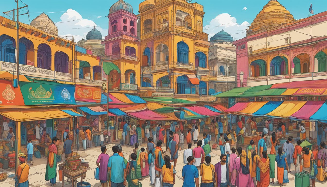 A colorful tapestry of Indian brands, featuring vibrant logos and traditional motifs, hangs proudly in a bustling market square