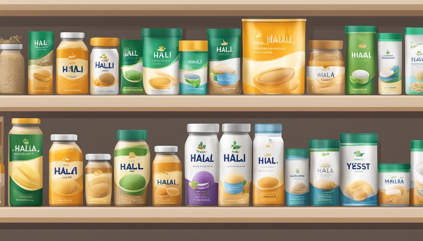 A display of various halal yeast brands with labels and packaging, arranged neatly on a shelf or table