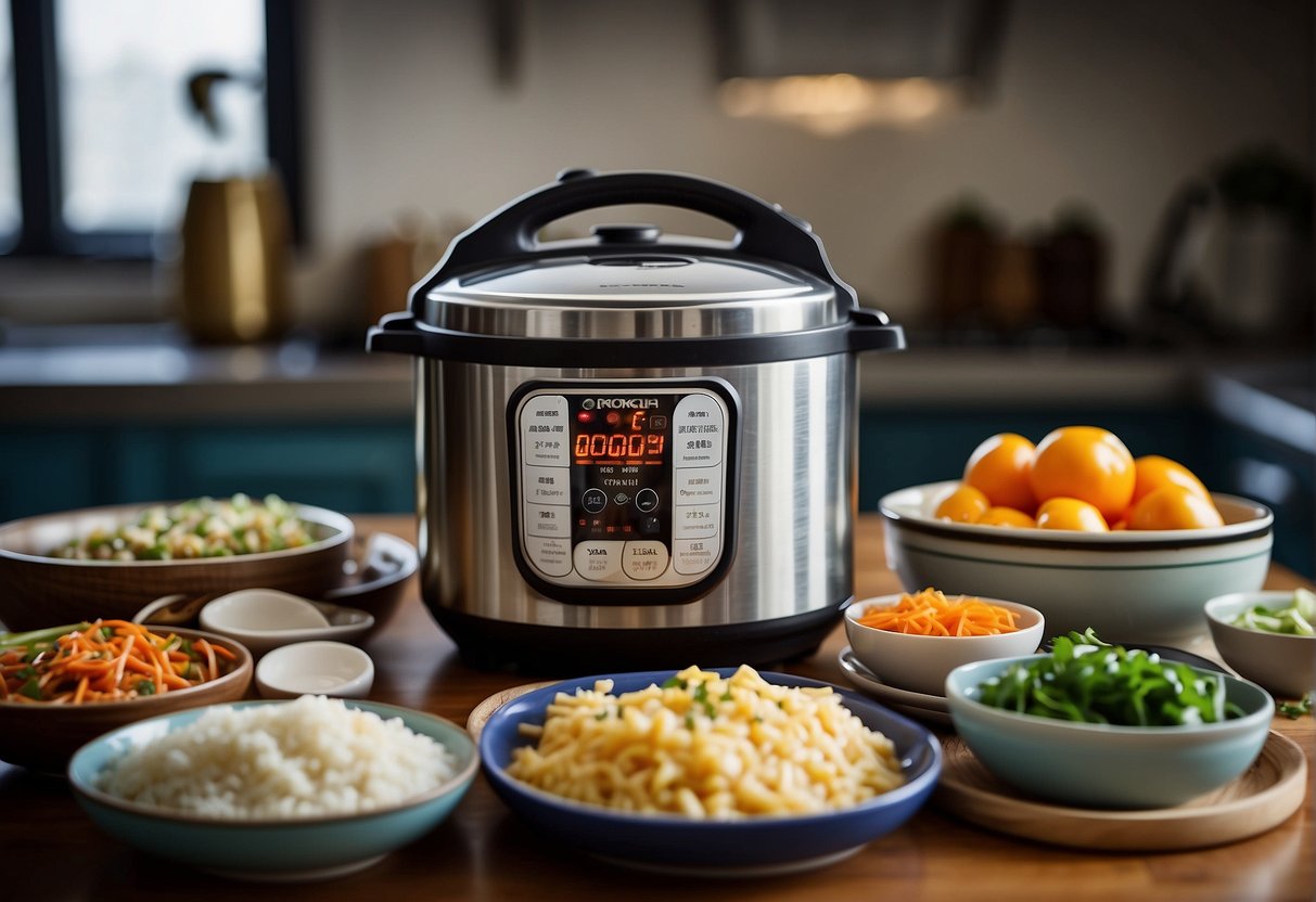 An open electric pressure cooker surrounded by Chinese recipe books and ingredients