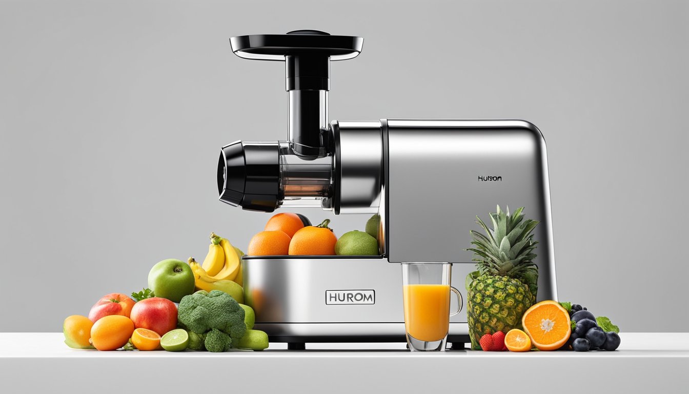 A sleek, modern juicer sits on a clean, white countertop, with a vibrant array of fresh fruits and vegetables nearby. The Hurom brand logo is prominently displayed on the juicer's exterior