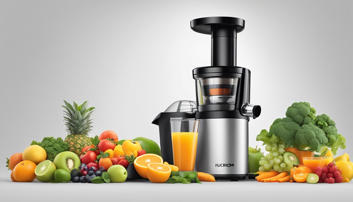 A sleek, modern juicer with the Hurom brand logo prominently displayed. The juicer is in action, with fruits and vegetables being effortlessly transformed into fresh juice