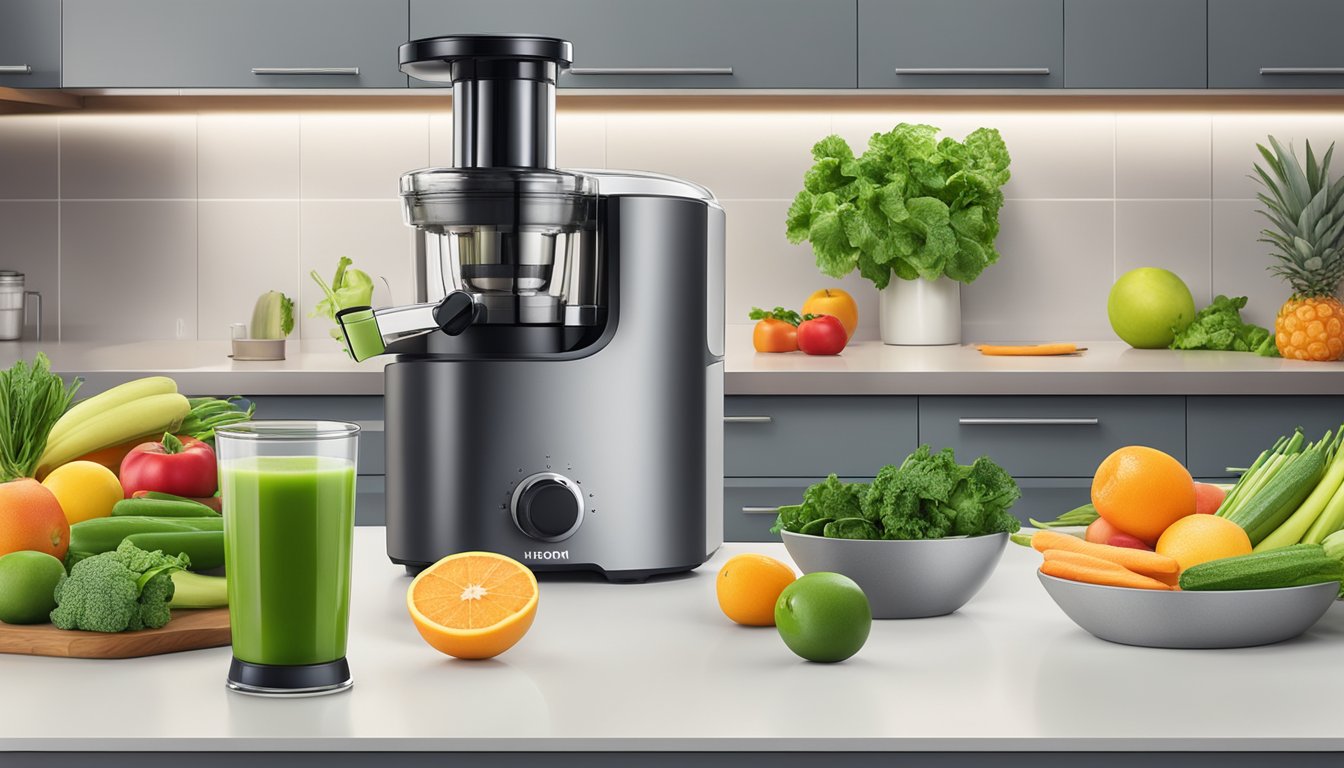 A modern kitchen with a sleek Hurom juicer on the countertop, surrounded by fresh fruits and vegetables, and a glass of vibrant green juice