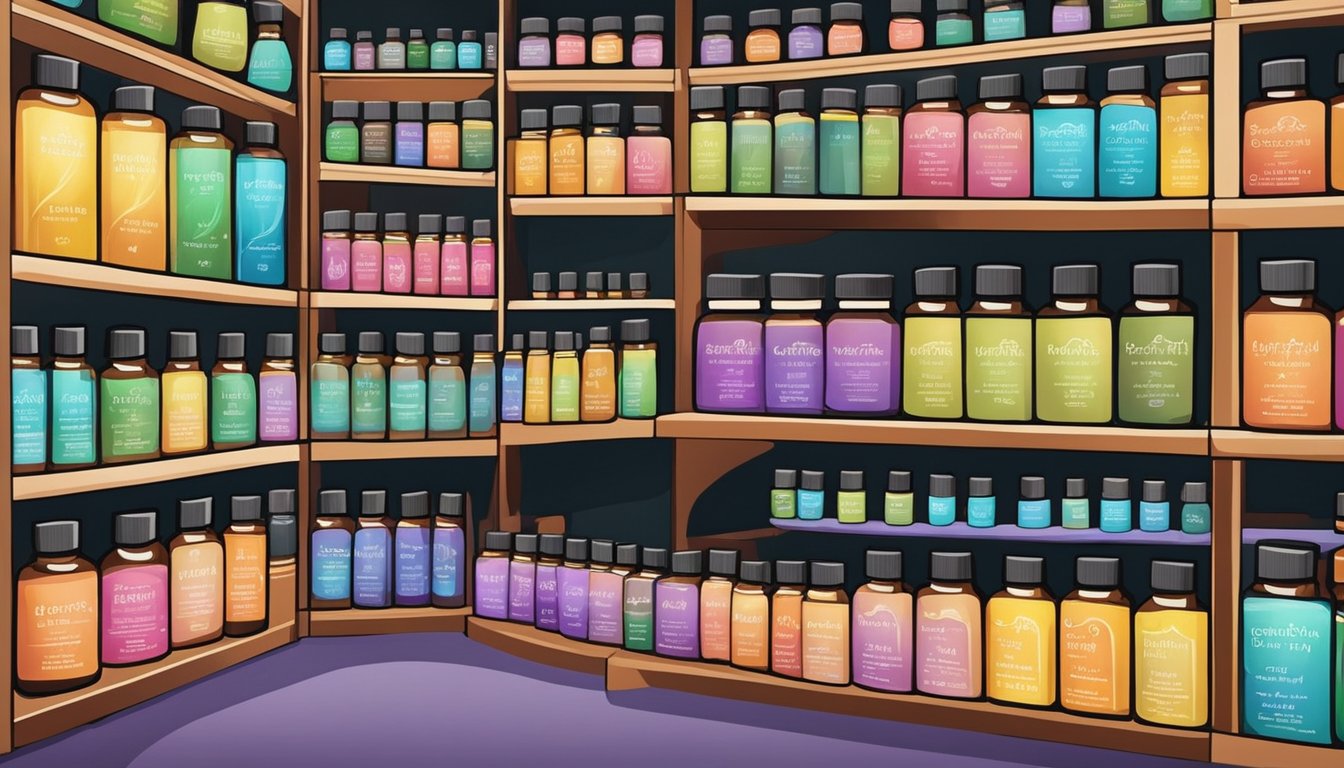A colorful array of essential oils is displayed in a boutique in Singapore, showcasing high-quality products for sale