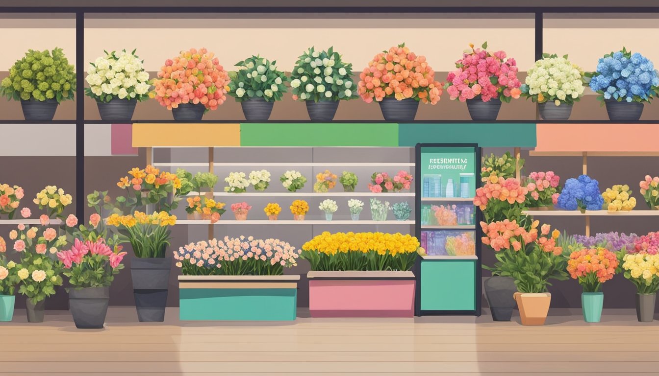 A colorful display of artificial flowers in various sizes and types, arranged neatly in a Singaporean store, with a sign reading "Frequently Asked Questions: Where to buy cheap artificial flowers in Singapore."