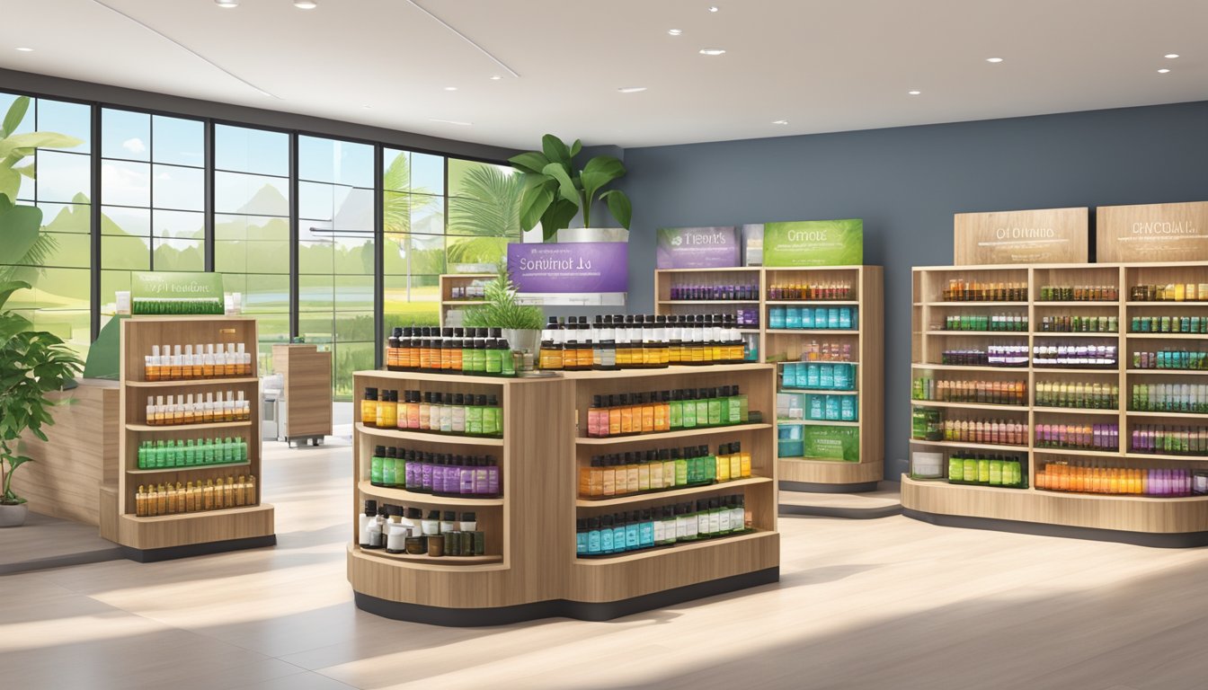 A bright and inviting store display showcases a variety of essential oils, with clear signage and helpful staff ready to assist customers