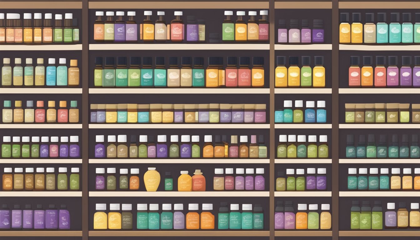 Shelves stocked with various essential oils in a Singaporean store