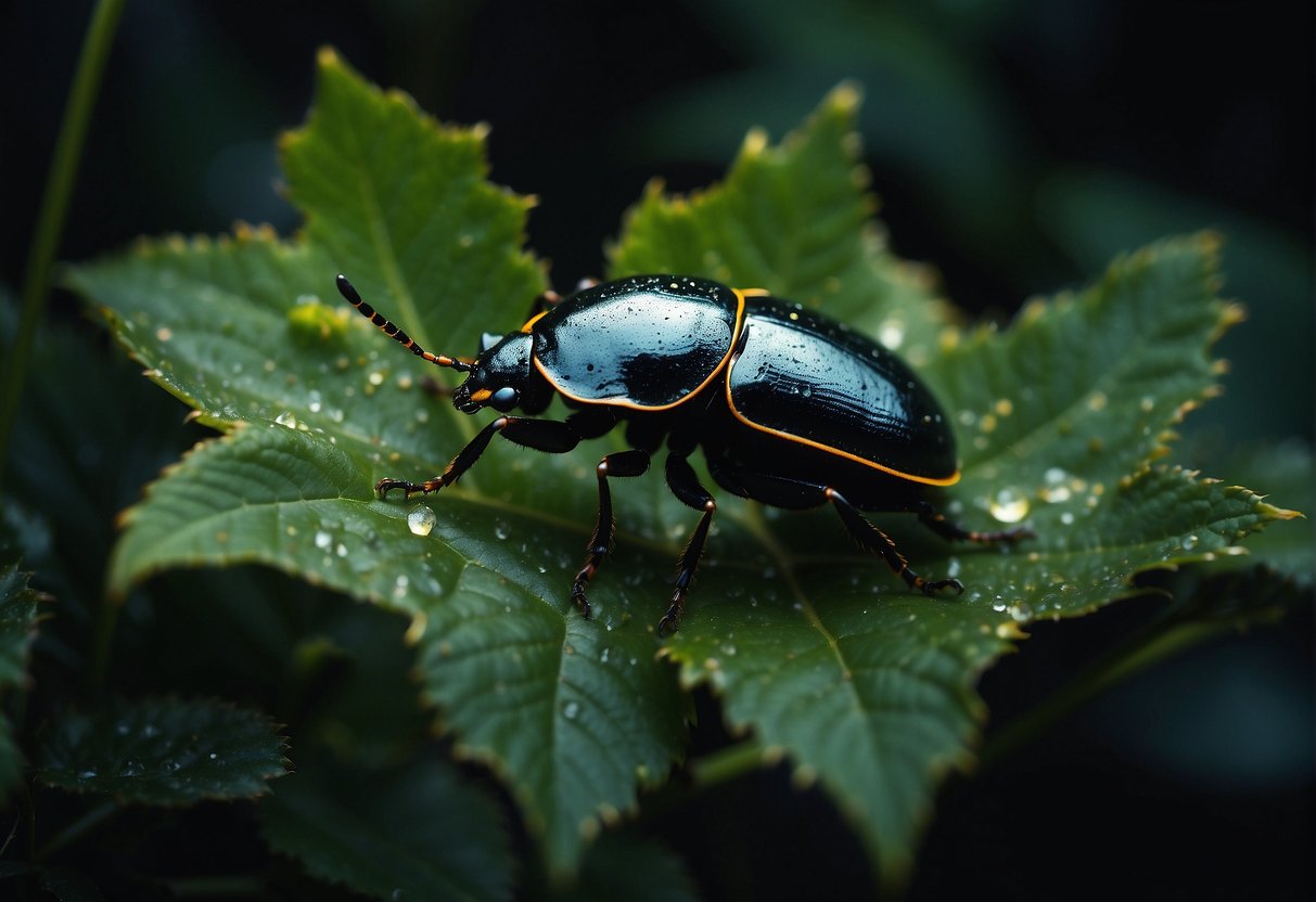 Beetles scatter as bright light floods the dark garden at night