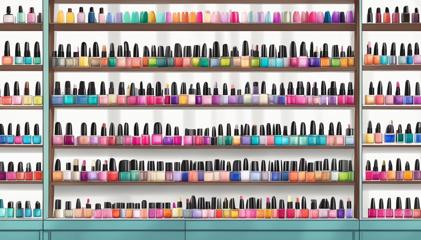 Shelves lined with colorful nail polish bottles in a well-lit beauty store in Singapore