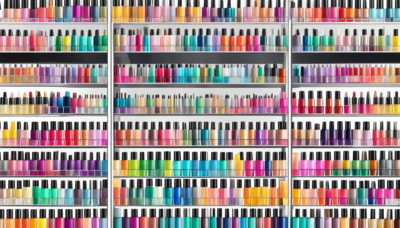 A colorful array of nail polish bottles displayed on shelves in a modern Singaporean beauty store