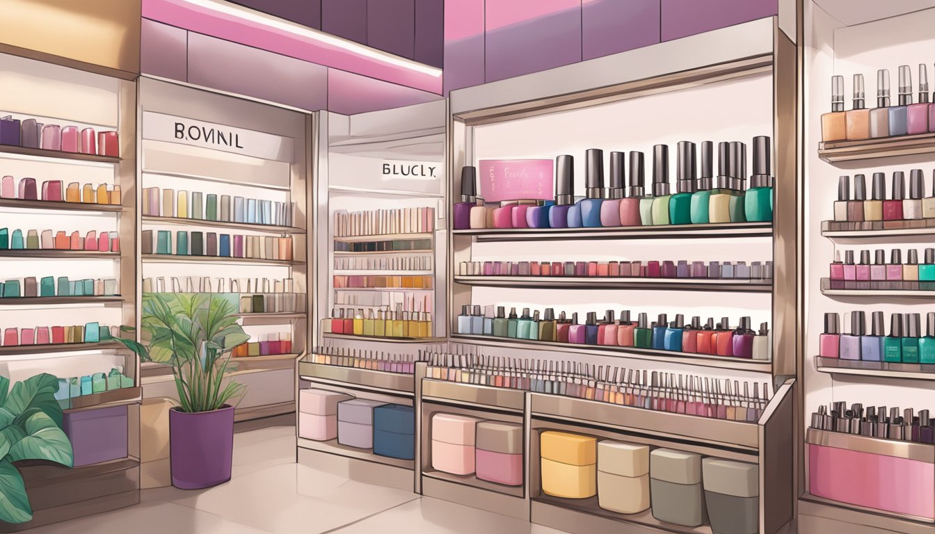 A display of ethically sourced nail polish at a Singaporean beauty store. Labels emphasize cruelty-free and eco-friendly ingredients