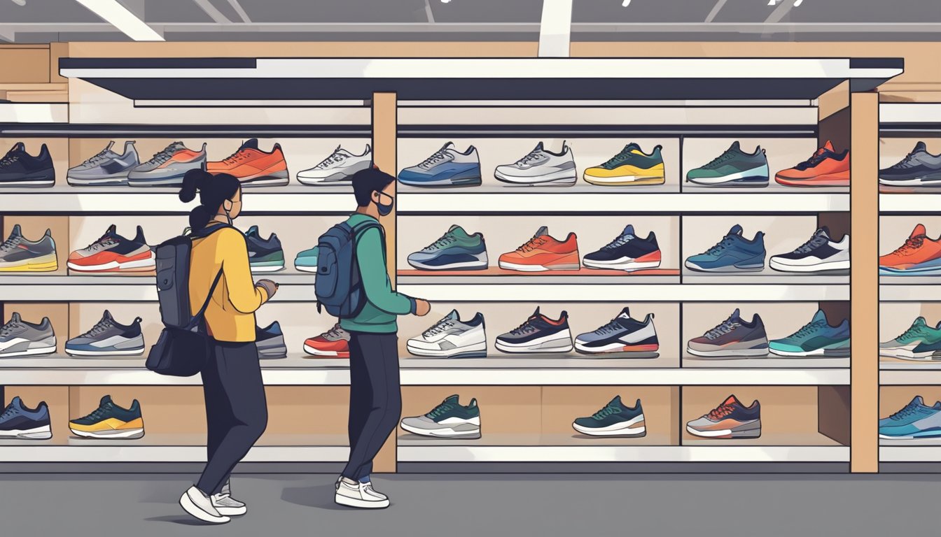 Customers browsing through shelves of neatly displayed Jordan sneakers at a popular sneaker store in Singapore