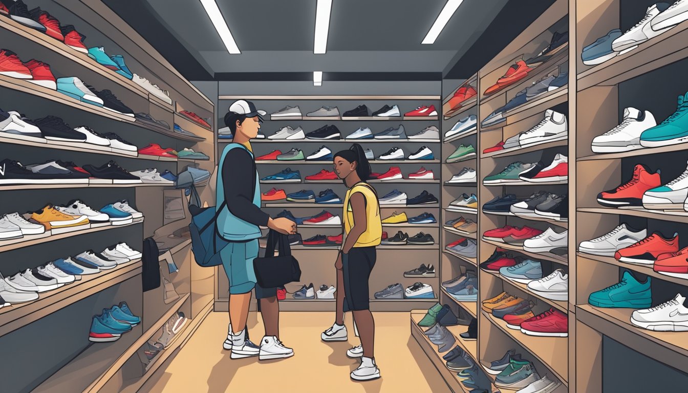 A bustling sneaker store in Singapore displays a wide array of authentic Jordans, with customers browsing the shelves and staff assisting with purchases