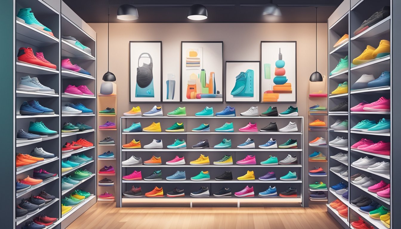 A display of various Jordan sneakers arranged on shelves in a trendy sneaker store in Singapore, with colorful accessories and shoe care products nearby