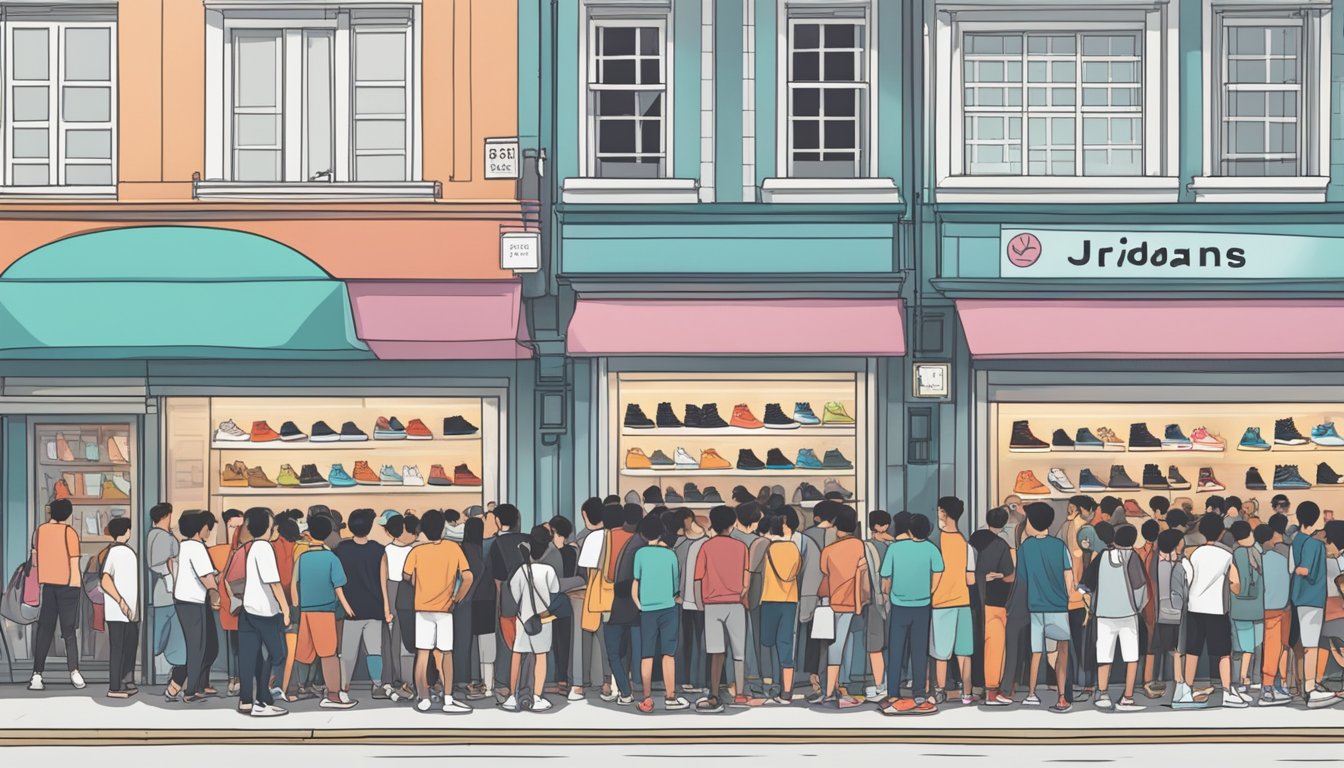 A crowded street with a line of people outside a sneaker store in Singapore, with a prominent sign displaying "Jordans for sale."