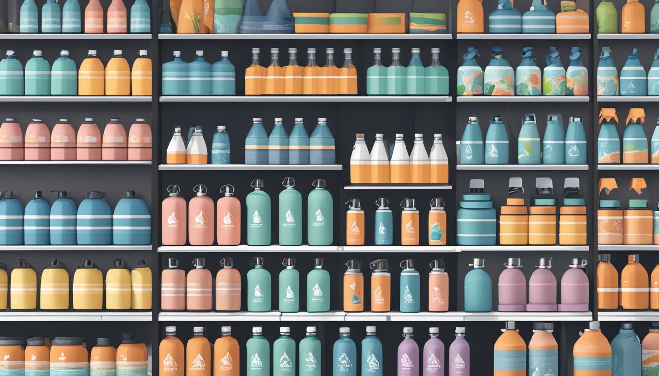 A store display of Hydro Flask bottles in a Singaporean retail shop, with prominent signage indicating "Where to buy Hydro Flask in Singapore."
