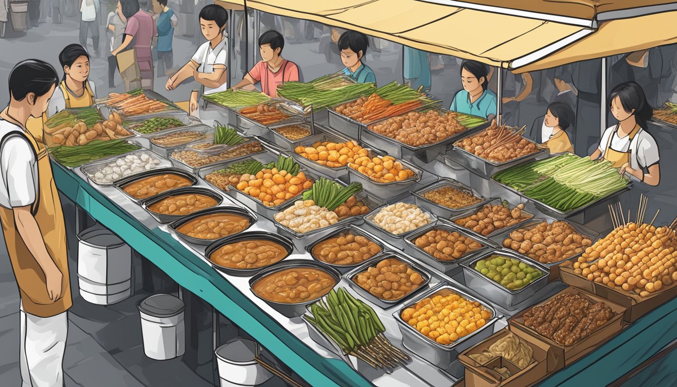 A bustling Singaporean market stall displays fresh, skewered raw satay, neatly arranged on ice for purchase