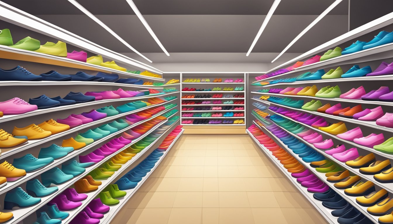 A brightly lit shoe store with rows of Scholl shoes neatly displayed on shelves, inviting customers to try on and experience the comfort and style of the footwear