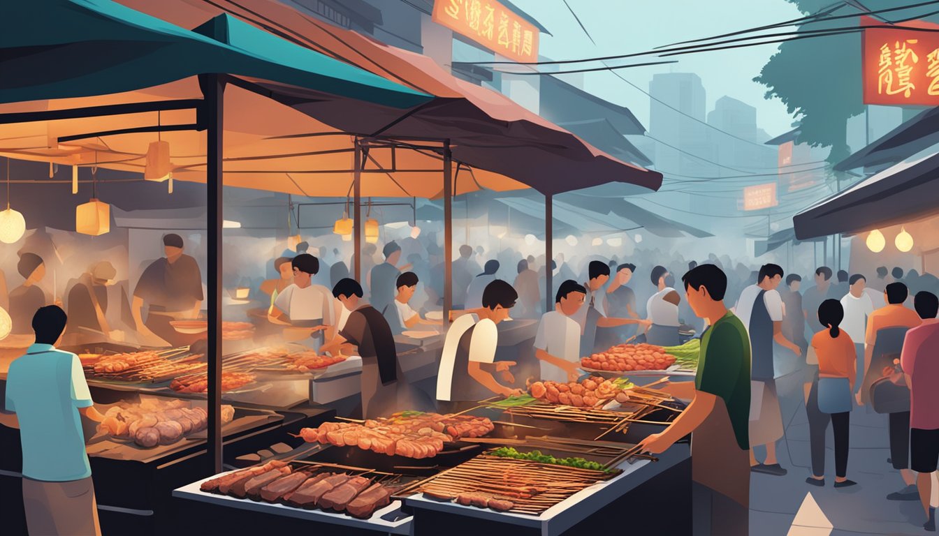 A bustling Singaporean market with vendors grilling skewers of marinated meat over hot coals, creating a tantalizing aroma that fills the air