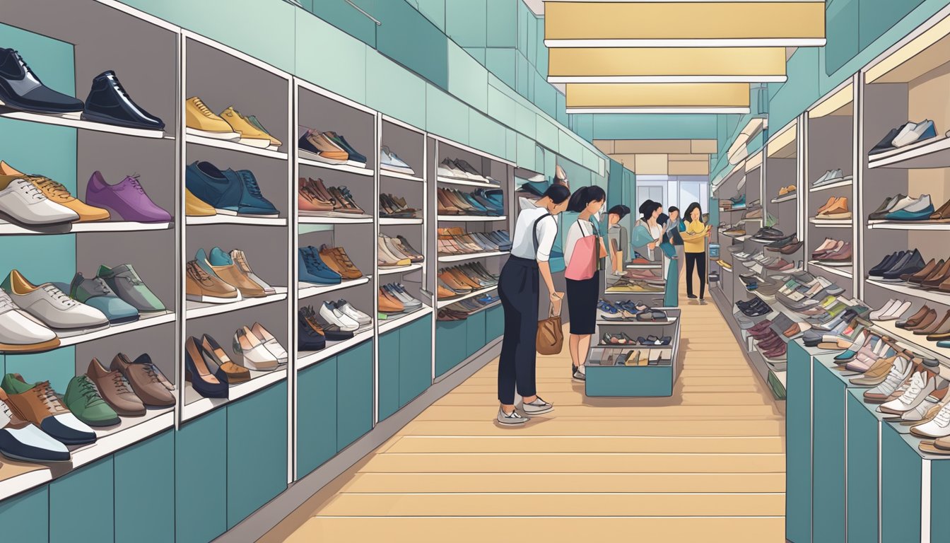 A bustling shoe store in Singapore, shelves filled with various Scholl shoe styles, customers browsing and trying on shoes, a salesperson assisting a customer