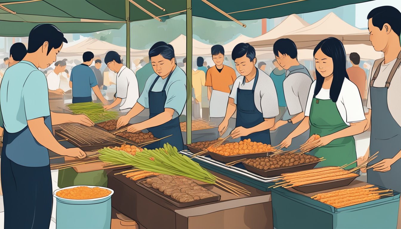 Vendors arranging rows of fresh raw satay on display at a bustling market in Singapore