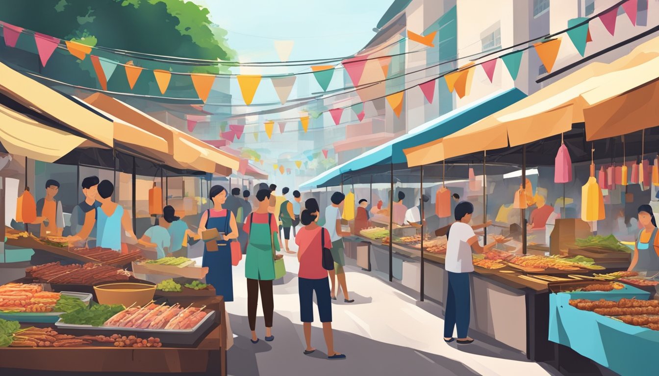 A bustling outdoor market with colorful stalls selling raw satay in Singapore. Customers browse and purchase the skewered meat, while vendors grill and prepare the satay