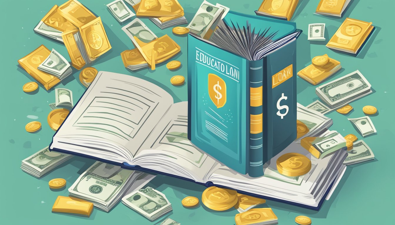 A book with "Education Loan" on the cover, surrounded by dollar signs and interest rate percentages