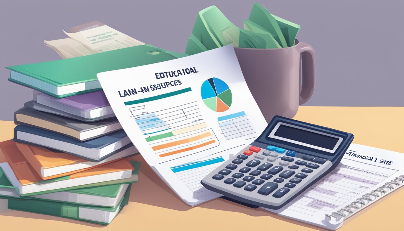 A stack of educational loan documents with interest rate percentages highlighted, alongside a calculator and financial support resources