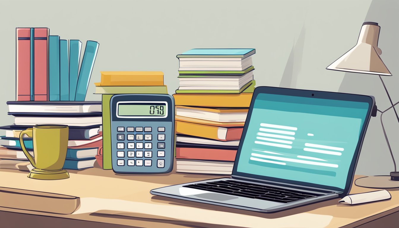 A stack of books and a calculator on a desk, with a laptop open to a webpage titled "Frequently Asked Questions: Education Loan Interest Rates in SG."