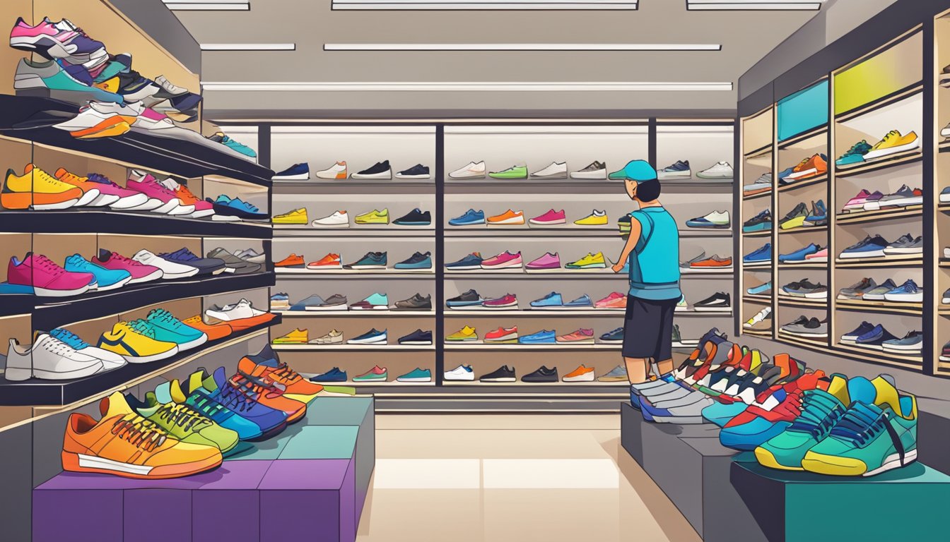 A bustling sports shoe store in Singapore with shelves of colorful sneakers and customers browsing the latest designs