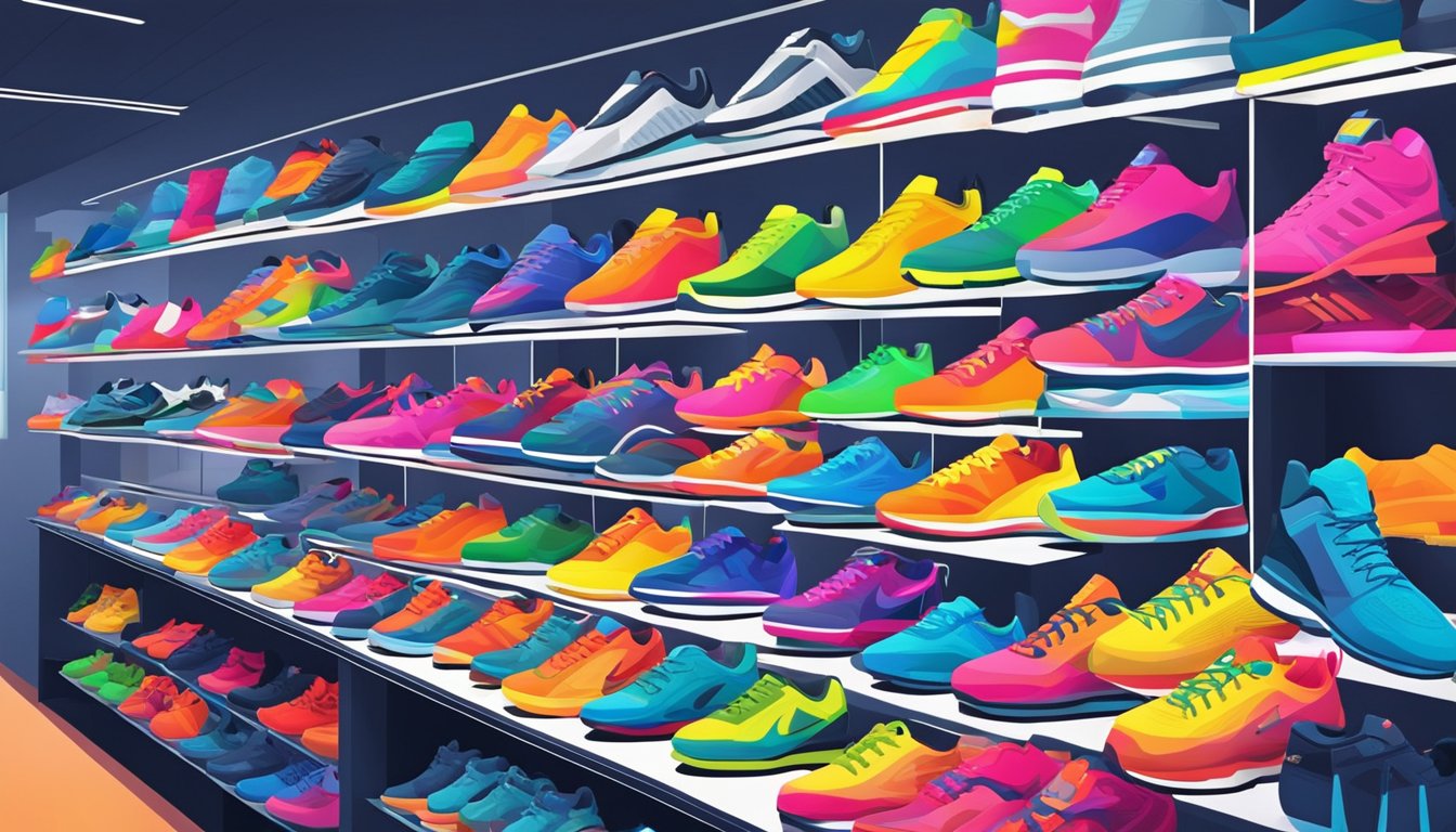 A vibrant display of sports shoes in a modern Singapore retail store. Bright lights highlight the latest designs and brands