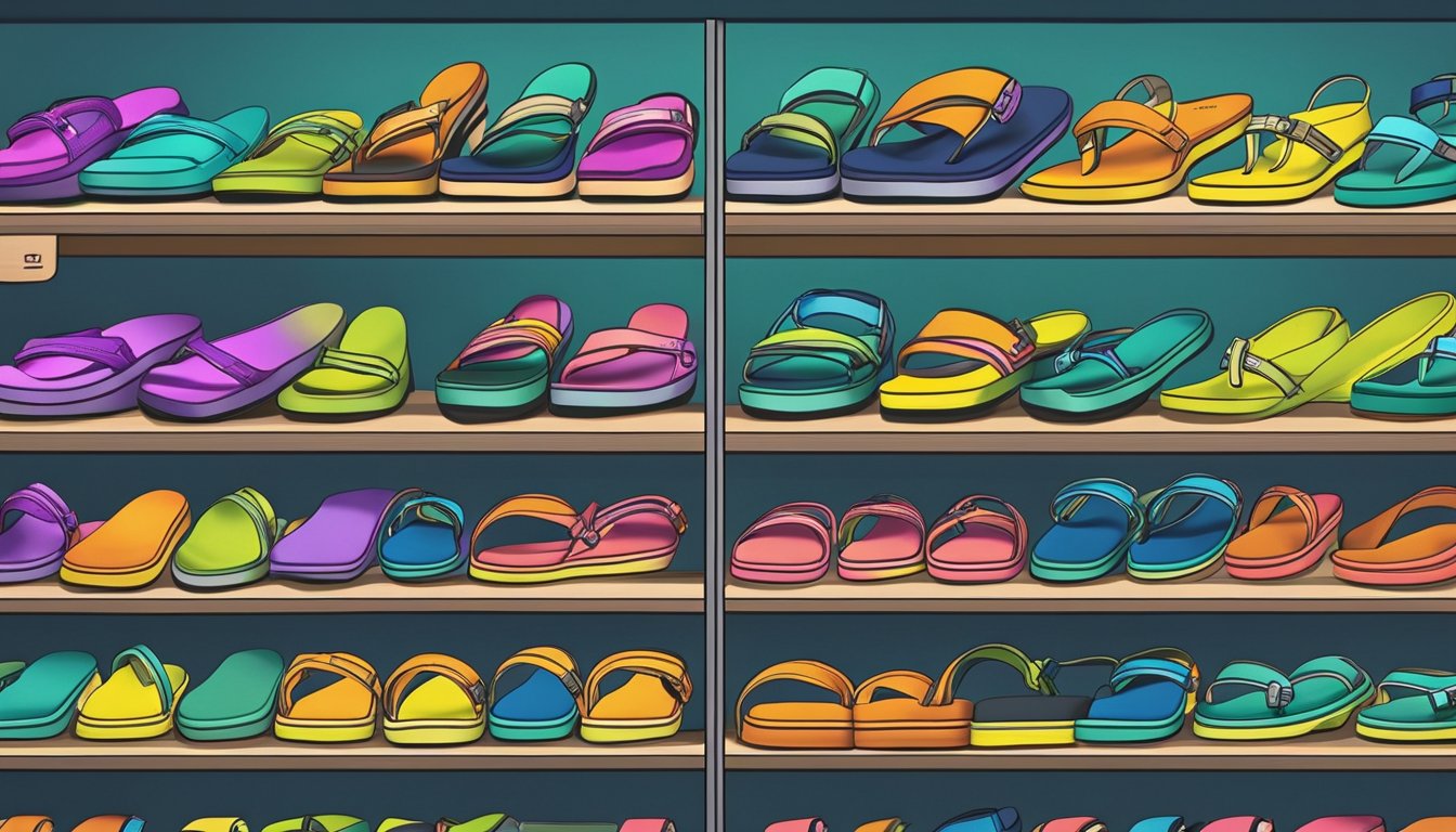 A colorful display of Teva sandals on shelves in a modern footwear store in Singapore. Bright lighting highlights the various styles and sizes available for purchase
