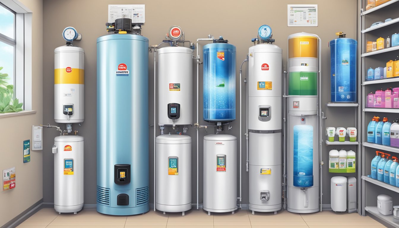 A store in Singapore sells water heaters, displaying various models and brands on shelves with price tags