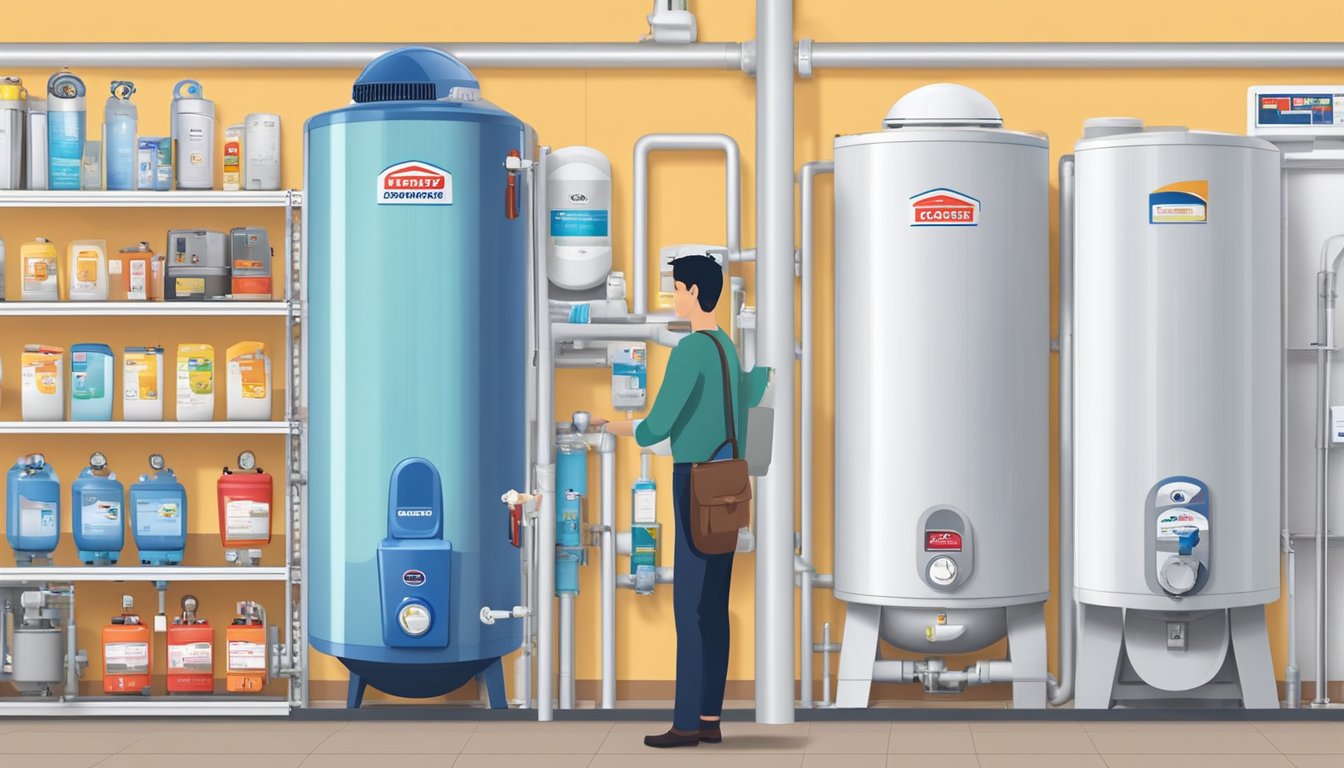 A customer comparing water heaters at a home improvement store in Singapore. Various brands and models are displayed on shelves