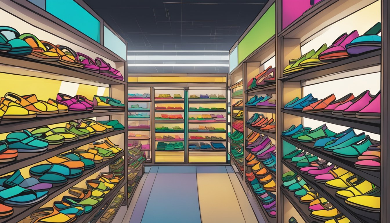 A colorful display of Teva sandals in a bustling Singapore store. Bright lights highlight the array of styles and sizes available for purchase