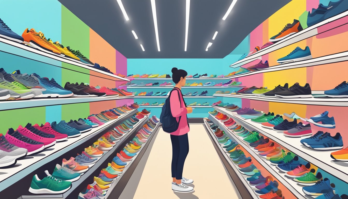 A bustling sports shoe store in Singapore, with rows of colorful sneakers neatly displayed on shelves, and customers browsing and trying on different pairs