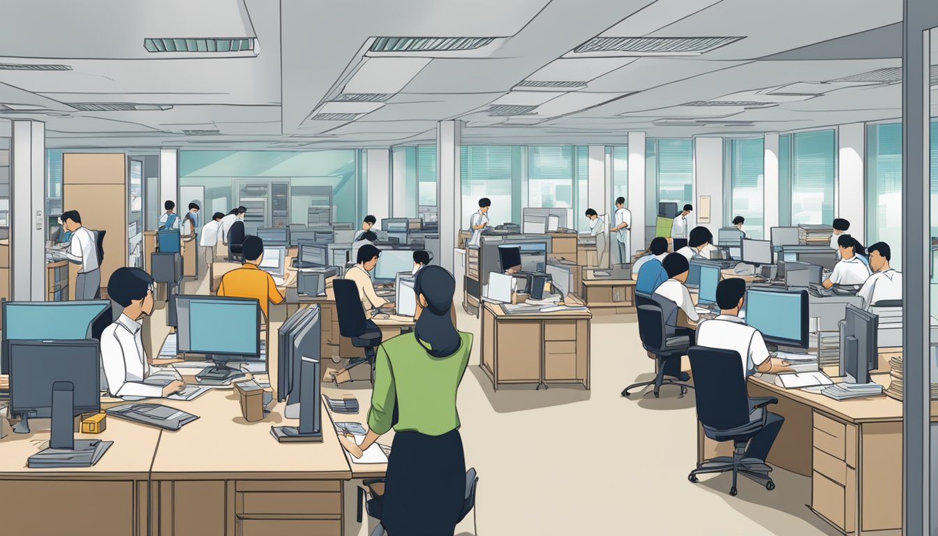 A bustling office with employees processing paperwork, computers, and filing cabinets. A sign on the wall reads "Company Registry in Singapore." Outside, a sign advertises "Money Lender in Singapore."