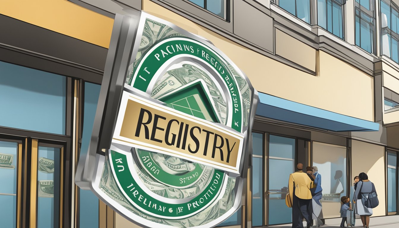 A company registry sign displayed outside a building, with a money lender's logo prominently featured. A pamphlet on consumer protection measures is visible in the foreground