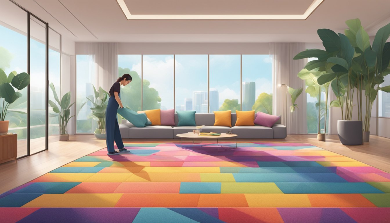 A person unrolls a colorful carpet in a bright, spacious room in Singapore