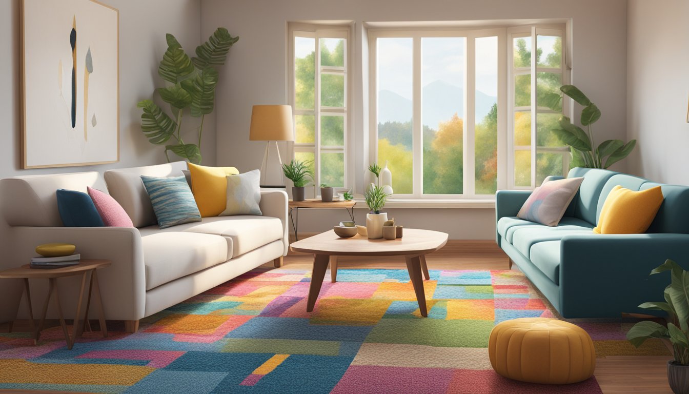 A cozy living room with a variety of colorful carpets laid out on the floor, showcasing different textures and patterns. A large window lets in natural light, illuminating the room and highlighting the beauty of each carpet