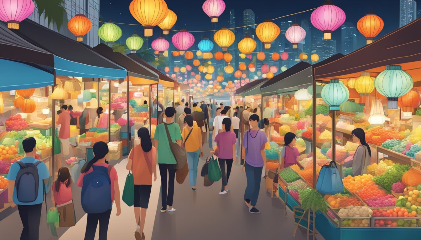 A bustling Singapore market, with colorful displays of various lamps, attracting shoppers with bright and unique designs