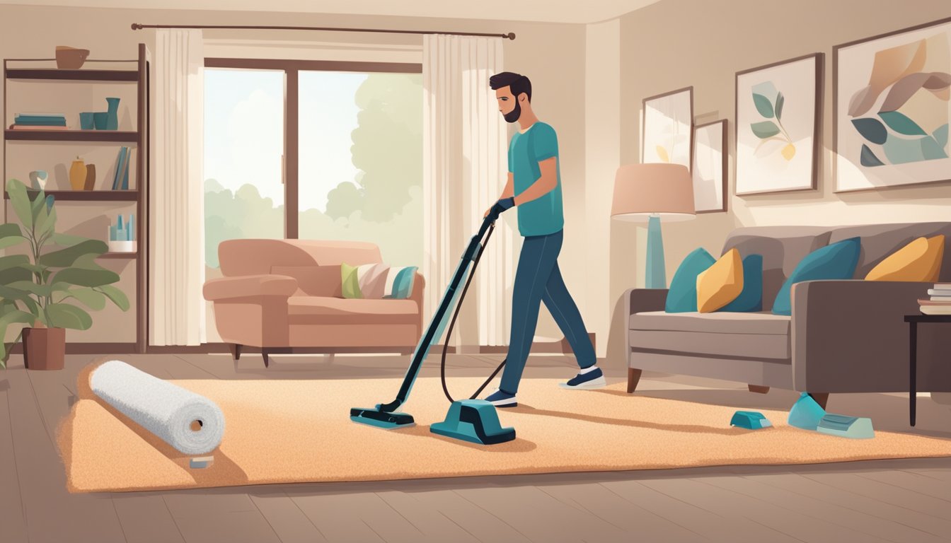 A person unrolling and laying down a new carpet in a living room, followed by gently vacuuming and spot cleaning any spills