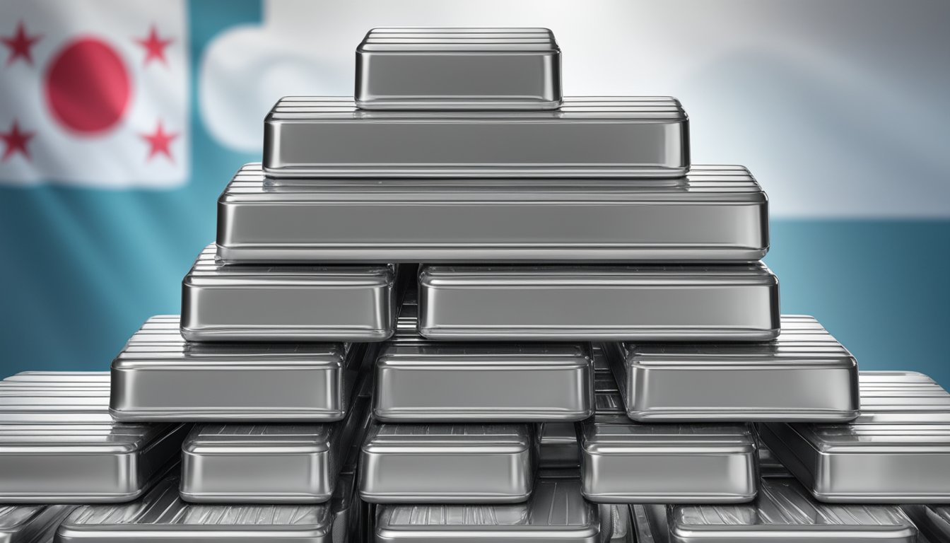 A stack of silver bars displayed in a secure vault, with a Singaporean flag in the background
